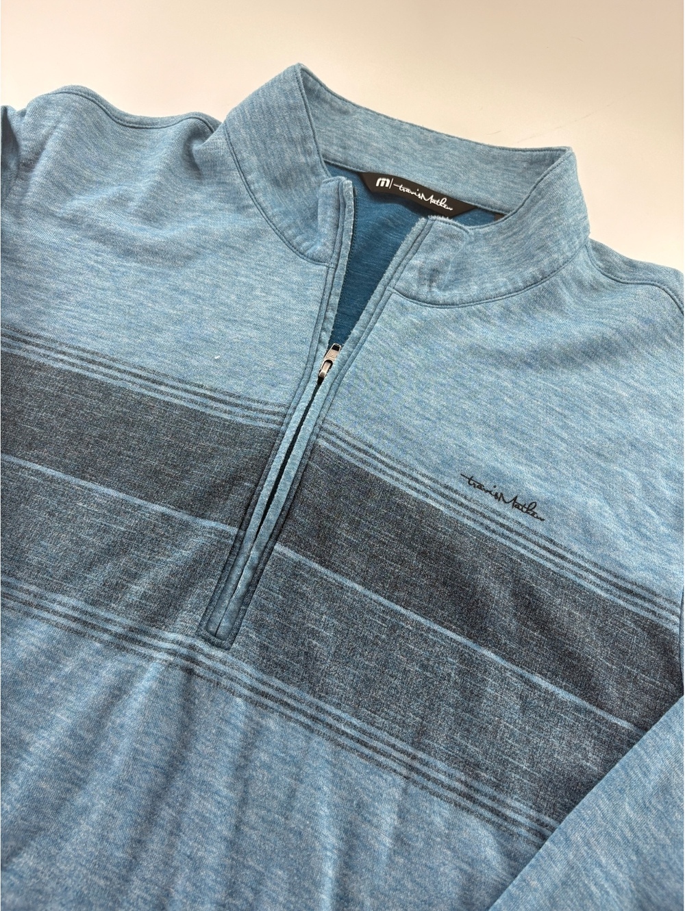 TravisMathew 1/4 Zip Pullover Men's XL Heather Blue Striped Golf Performance